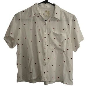 Japna ladybug print button down short sleeve rayon shirt size XS